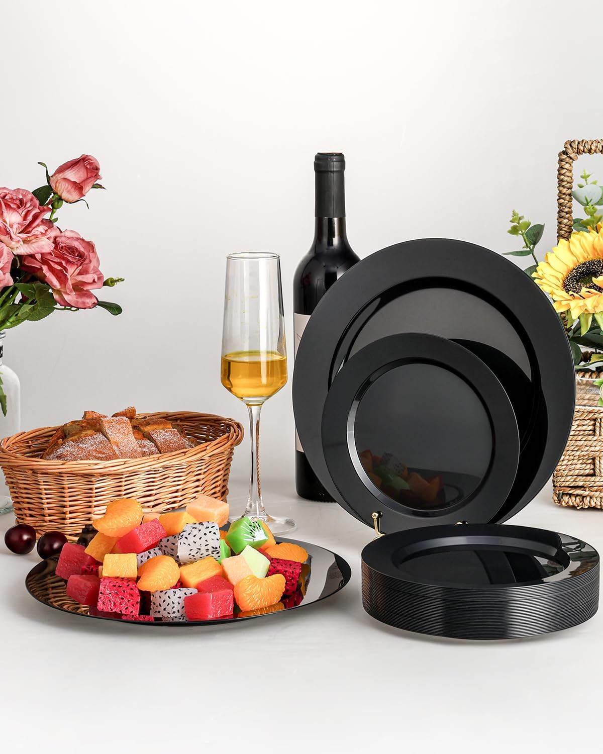 BESTVIP 100PCS Black Plastic Plates, Disposable Party Plates with 50 Dinner Plates and 50 Dessert Plates, Plastic Plates for Party, Wedding Birthday and Halloween (Black, 100PCS)