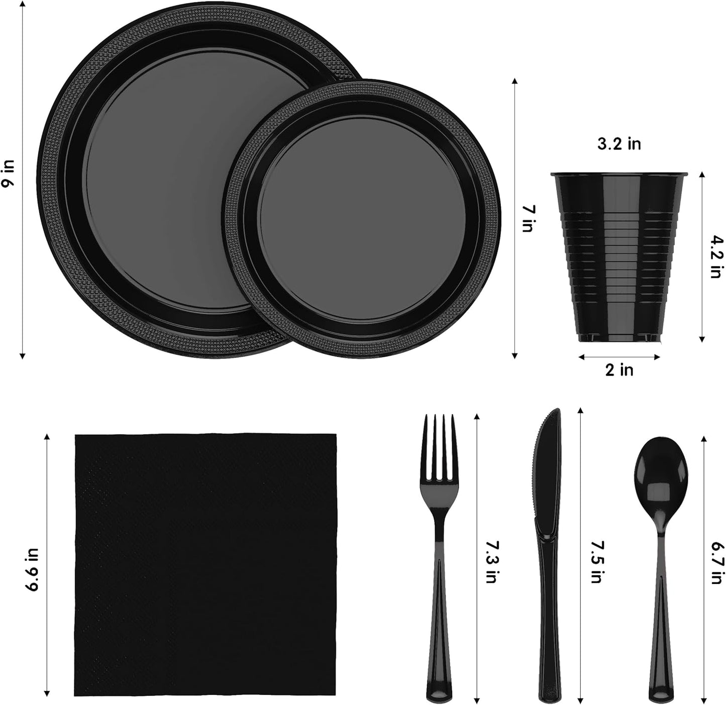 350 Pcs Black Plastic Plates For Party, Black Disposable Plates Set, 50 Of Each 9" Dinner Plate Set, 7" Dessert Plate, Cups, Napkins & Cutlery Plastic Dinnerware Exquisite