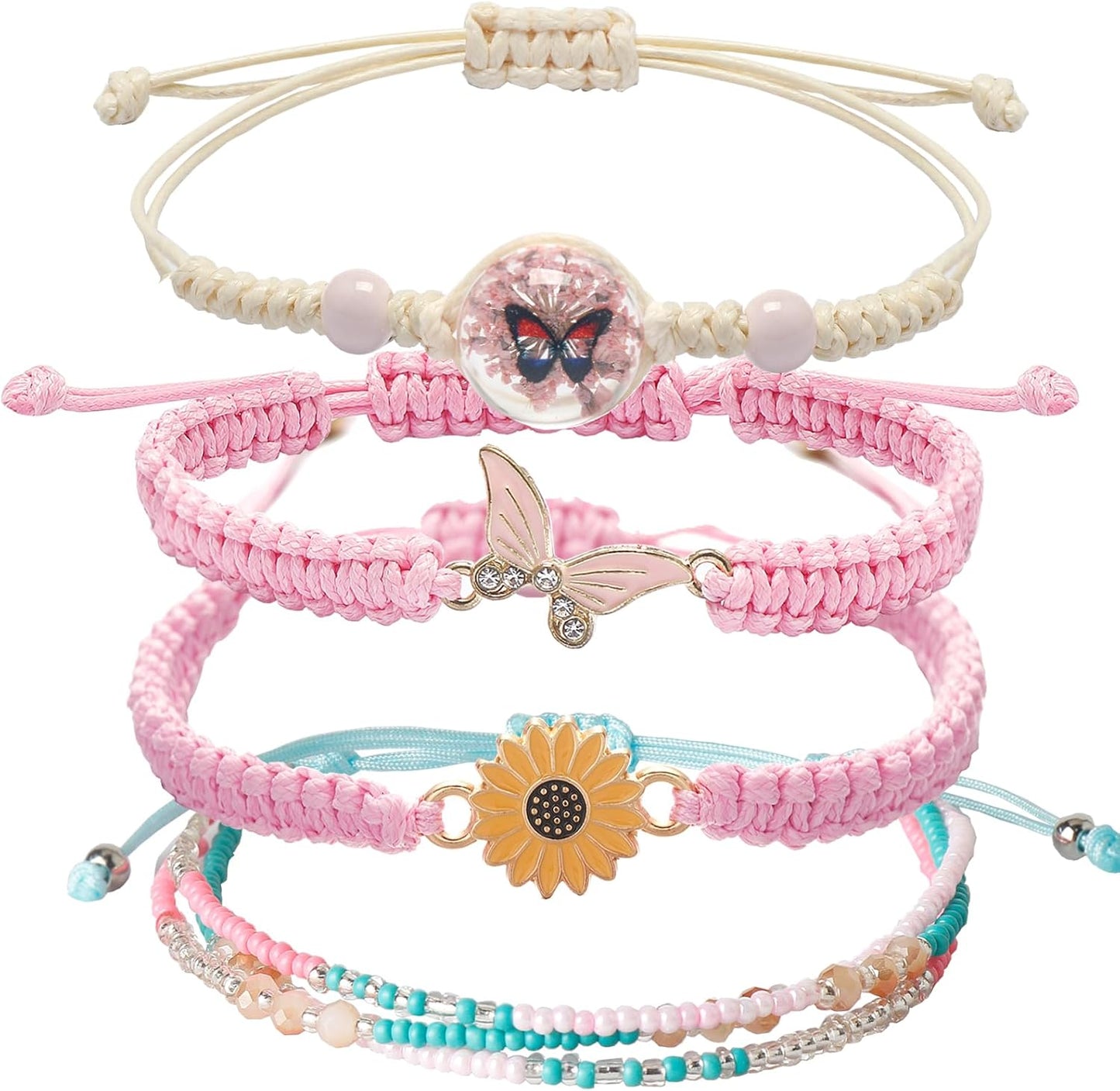 DS 4PCS String beads Charm Bracelets for Teen Girls Dainty cute cartoon Butterfly Daisy Eternal flower Beads Bracelets set for woman and girls Adjustable Stretch bracelet birthday Gift For Friends