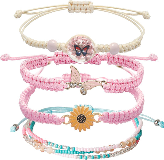 DS 4PCS String beads Charm Bracelets for Teen Girls Dainty cute cartoon Butterfly Daisy Eternal flower Beads Bracelets set for woman and girls Adjustable Stretch bracelet birthday Gift For Friends