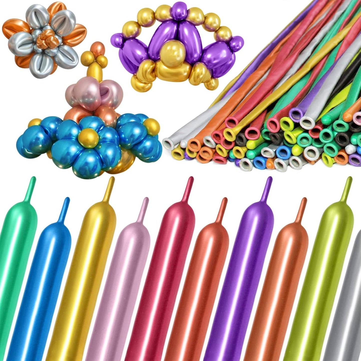 KAWKALSH 260 Metallic Multi Long Balloons for Balloon Garland Thickening Skinny Latex Twisting Animals Modeling Christmas Birthday Wedding Party Festival Decorations 100pcs