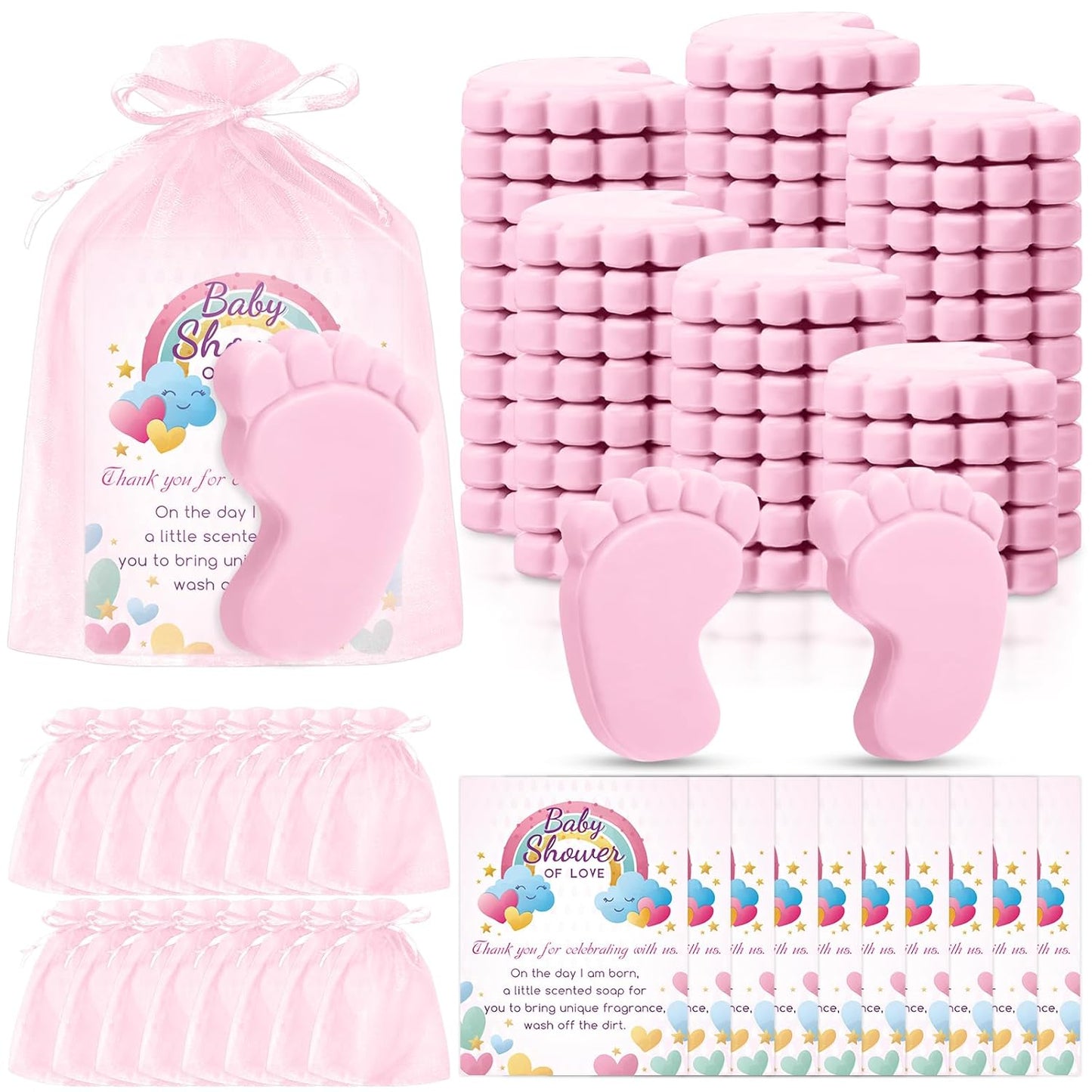 100 Sets Baby Shower Favors Refreshing Foot Soap Perfect Baby Shower Favors for Guests, Gifts, and Prizes with Organza Bags Thanks Cards (Pink)