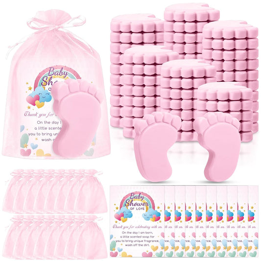 50 Sets Baby Shower Favors Refreshing Foot Soap Perfect Baby Shower Favors for Guests, Gifts, and Prizes with Organza Bags Thanks Cards (Pink)