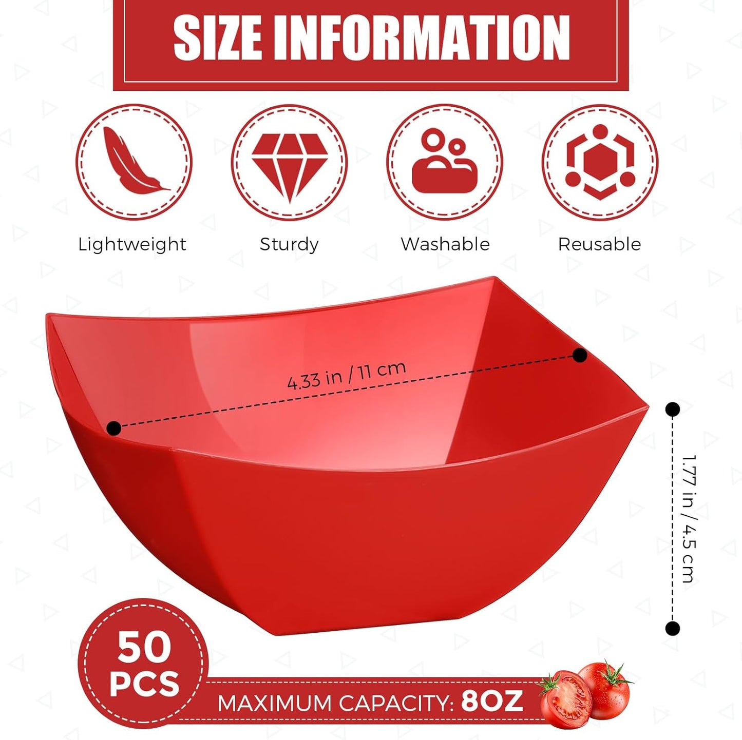 Tanlade 50 Pcs Square Plastic Serving Bowls Disposable Snack Salad Bowl Small Party Candy Bar Containers Taco Bar Serving Dishes for Buffet Chips Fruit(8 oz,Red)