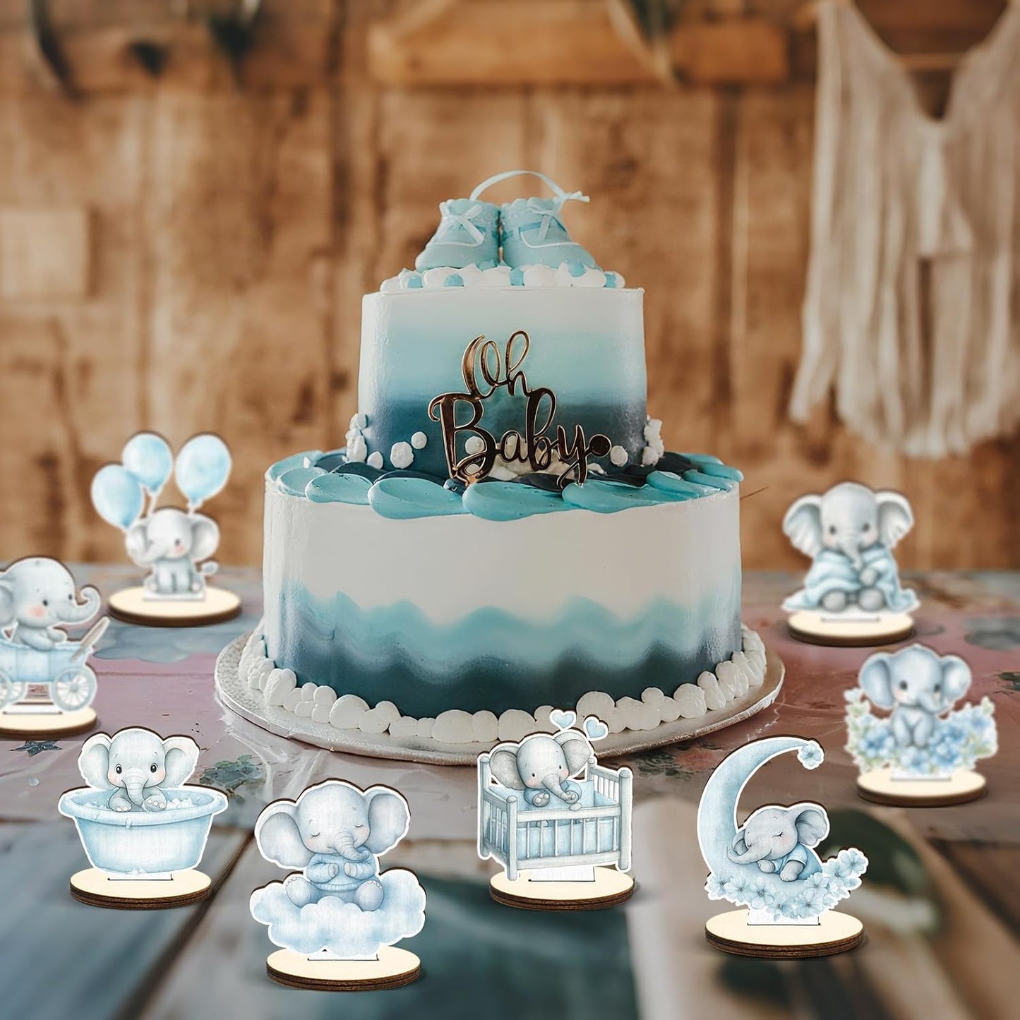 16 Pcs Wooden Baby Shower Table Centerpiece Blue Elephant Tabletop Detachable Sign It's A Boy Gender Reveal Table Toppers Display Decoration Elephant Birthday Photo Props Party Favor Supplies