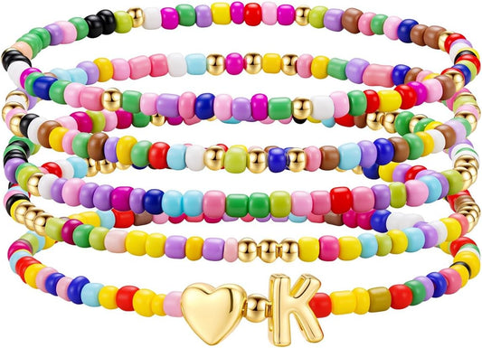 M MOOHAM Stocking Stuffers for Kids Girls Teen - 5PCS Colorful Beaded Initial Bracelets for Women Girls, Cute Stretch Heart Letter Bohemian Stackable Bracelet Birthday Gifts Jewelry for Kids Teen Girl