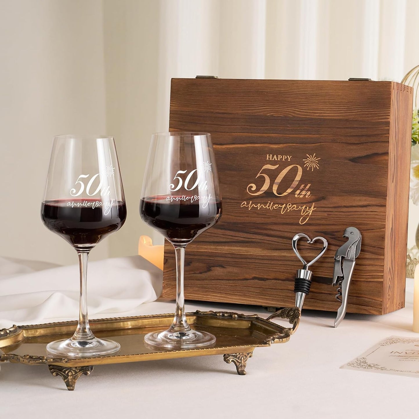 AW BRIDAL 50th Anniversary Wedding Gifts 50th Golden Couples Gifts 50th Wedding Gift for Parents, Husband, Wife - 50th Anniversary Wine Glasses with Wood Keepsake Box
