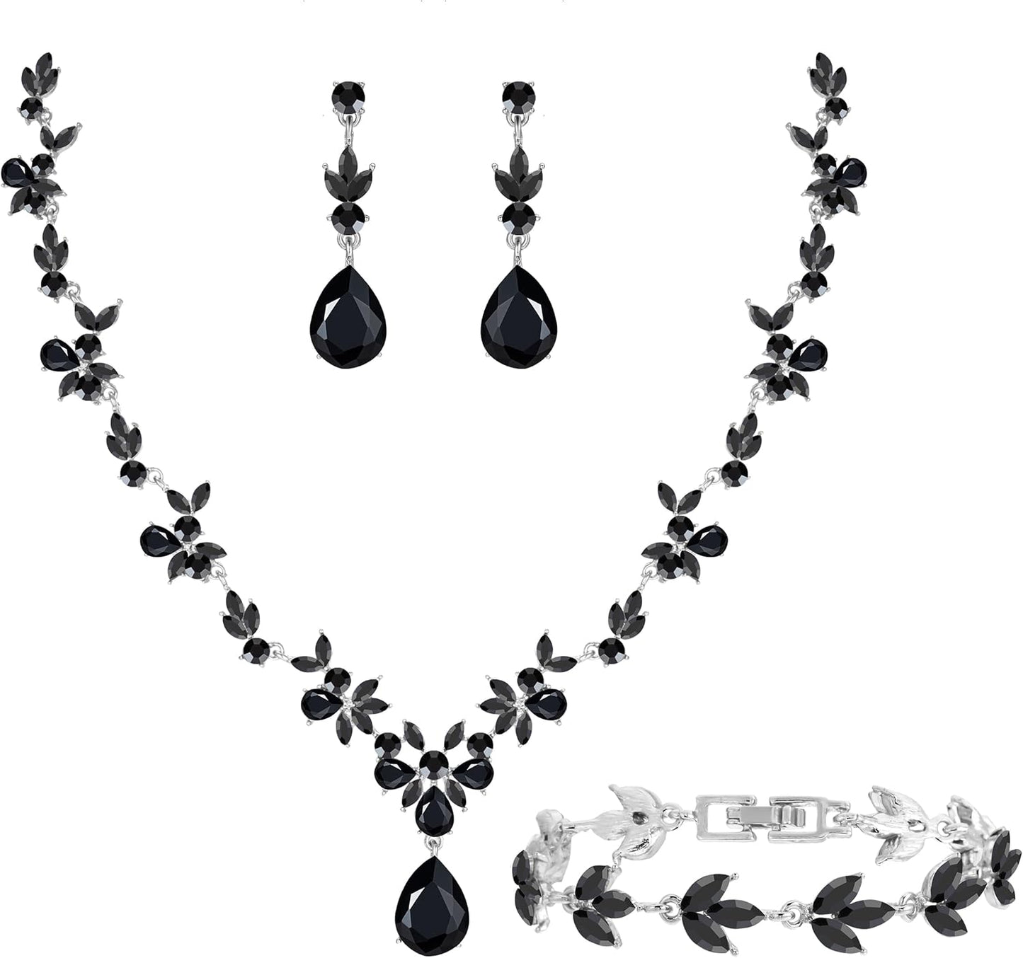 Bridal Wedding Elegant Floral Jewelry Set for Women/Brides/Bridesmaids Crystal Jewelry Set for Wedding Prom Party Bridal Crystal Necklace Earrings Bracelet Set