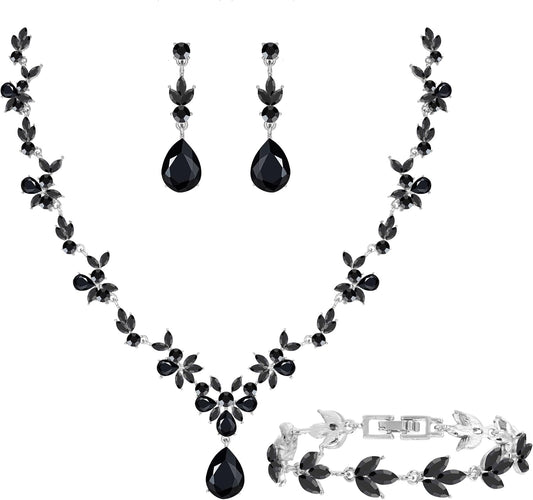 Bridal Wedding Elegant Floral Jewelry Set for Women/Brides/Bridesmaids Crystal Jewelry Set for Wedding Prom Party Bridal Crystal Necklace Earrings Bracelet Set