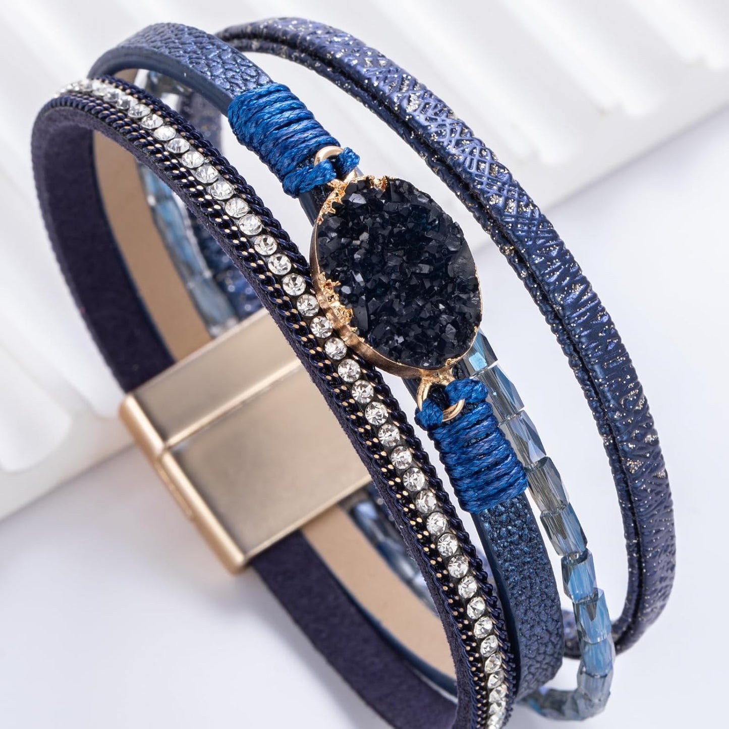 FANCY SHINY Leather Wrap Bracelet Boho Cuff Bangle Bracelets Crystal Bead Bracelet with Magnetic Clasp Jewelry Gifts for Women