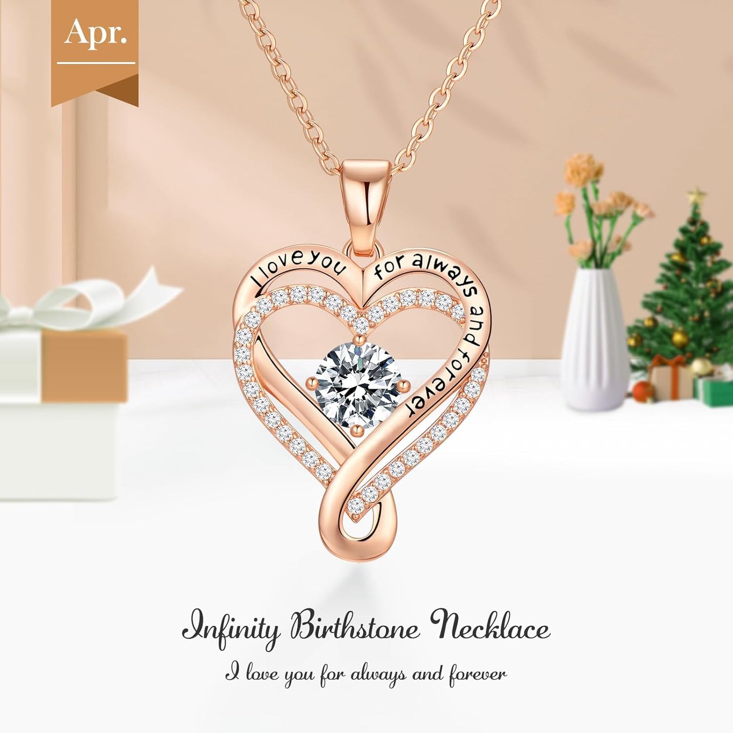 18K Rose Gold Infinity Love Heart Birthstone Necklace for Women Wife, Anniversary for Women Wife Birthday Gift for Her Girlfriend Mom Daughters, I Love You Women's Jewelry S925 Sterling Silver