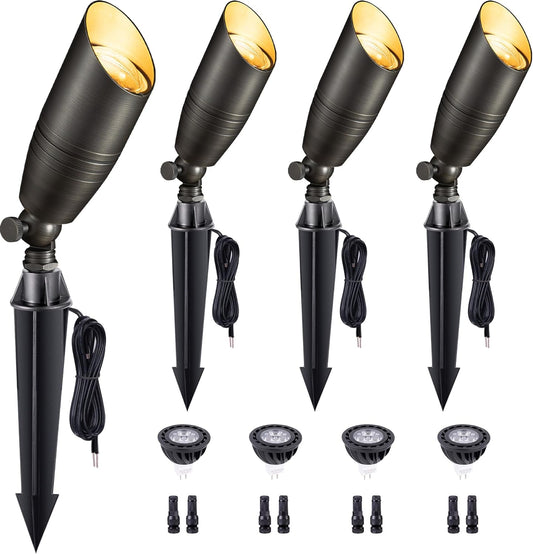 Gardenreet Brass Landscape Lighting - Low Voltage Spotlights Outdoor LED, 12V Wired Uplights, Waterproof Spot Lights, Bronze for Outside Trees with 5W 5000K Daylight MR16 Bulb (4 Pack)