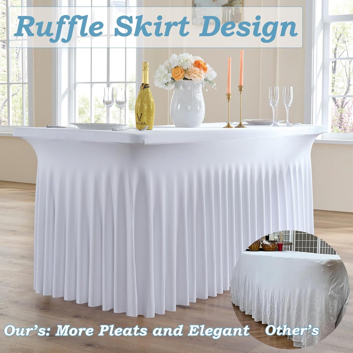 12 pk White Spandex Table Cloth Rectangle 6ft with Ruffle Skirt,Wrinkle Free High-Stretch Fitted Tablecloths for 6 Foot Rectangle Tables,Elastic Spandex Table Covers 6 ft for Parties Weddings Banquet