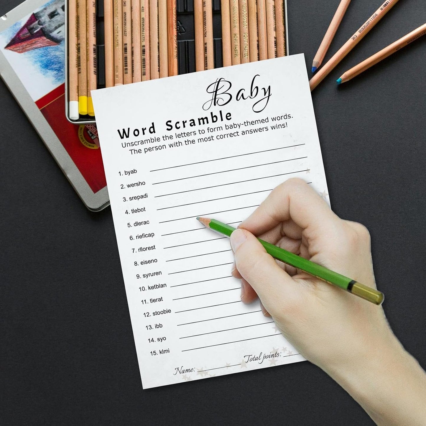 Baby Shower Word Scramble Trivia Game Cards - 30 Player Family Friend Party - Minimalist Light Gray Design with Stars & Strips - Ready to Play, Answer Keys Included, 5x7 Inch (Word Scramble)