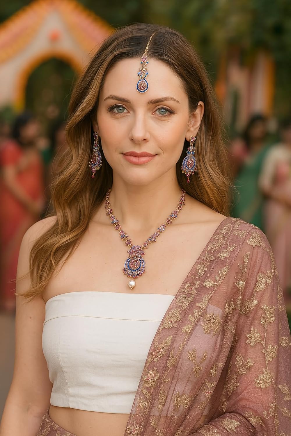 Touchstone Indian jewelry sets for women maang tikka wedding guest gold necklace bollywood jewellery set pageant elegant prom bride accessories western crystal chunky rhinestone necklaces