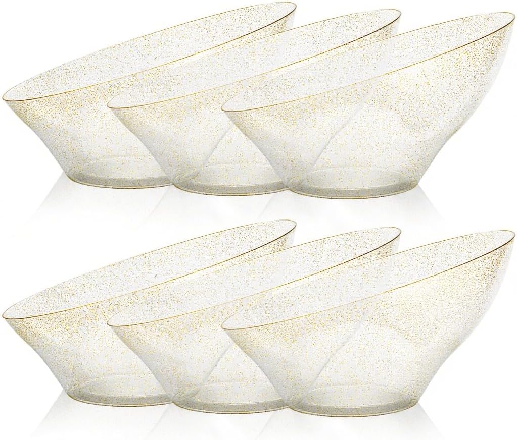 BESTVIP 54oz Clear with Gold Glitter Serving Bowls for Party - 12 Pack Angled Disposable Serving Bowls for Chips, Snacks, Fruit, Salad - Decorative Catering Bowls for Daily Use,Halloween, Christmas