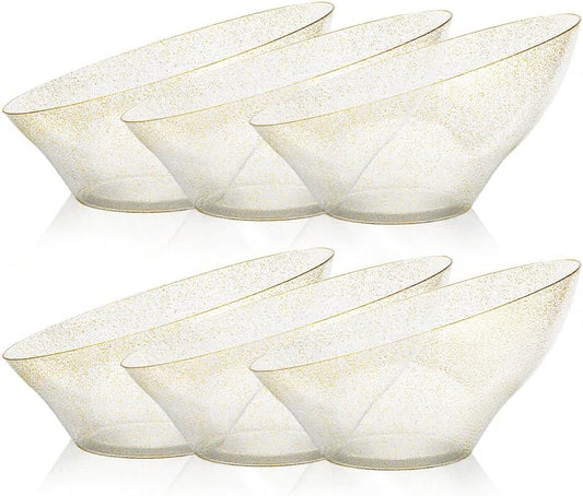 BESTVIP 54oz Clear with Gold Glitter Serving Bowls for Party - 12 Pack Angled Disposable Serving Bowls for Chips, Snacks, Fruit, Salad - Decorative Catering Bowls for Daily Use,Halloween, Christmas