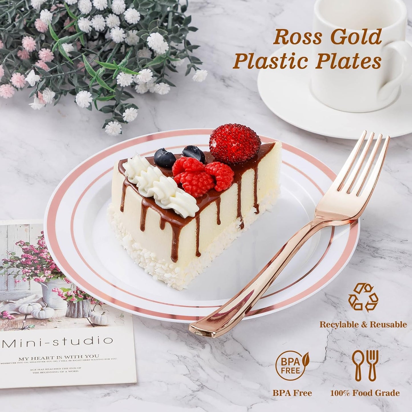 BESTVIP 200PCS Rose Gold Plastic Plate, Disposable Party Plates with 100 Dinner Plates and 100 Dessert Plates, Plastic Plates for Party, Wedding and Birthday