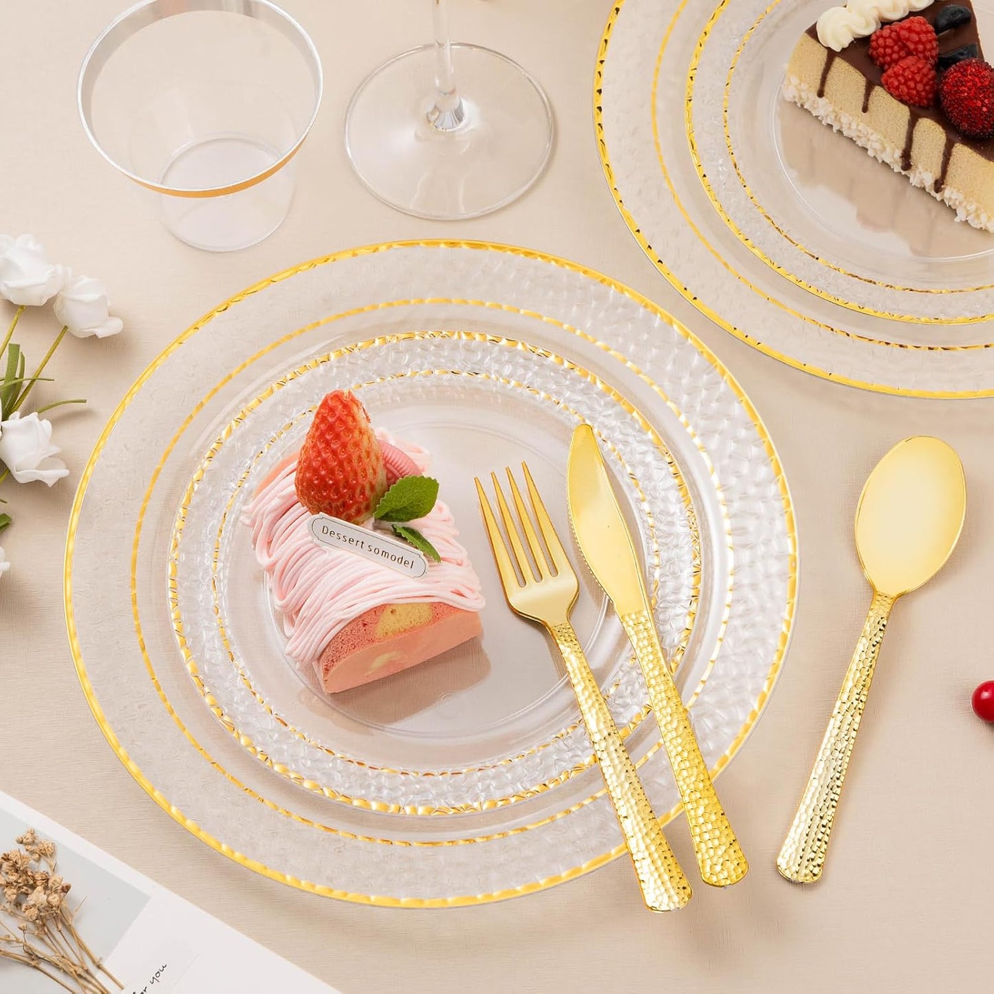 350PCS Clear Plastic Plates with Gold Trim for 50 Guests, Disposable Dinnerware Set for Party & Wedding, Includes 100 Plastic Plates, 50 Pre Rolled Napkins with Gold Silverware, 50 Cups