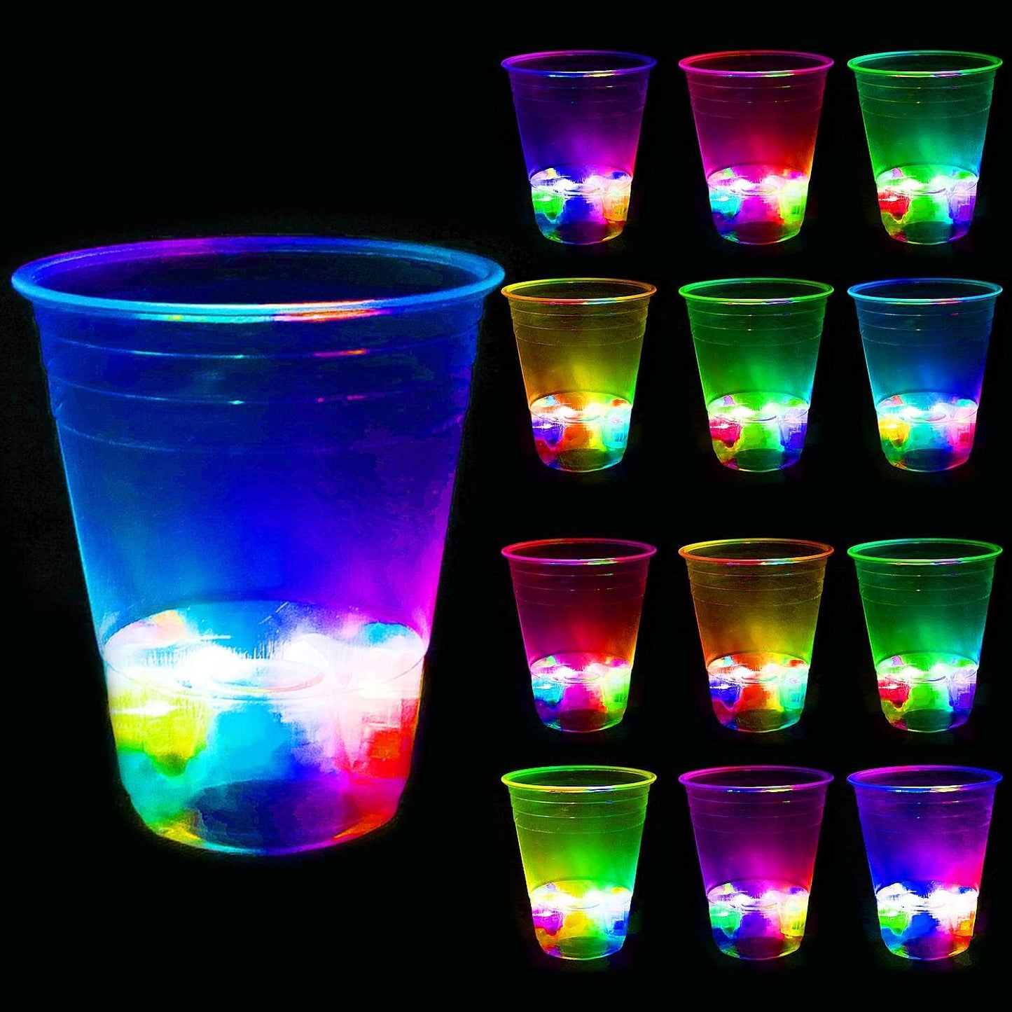 16oz Glowing Party Cups for Indoor Outdoor Party Event Fun, Pack with Flashing color Bright Glow-In-The-Dark Colors for House Parties Birthdays Concerts Weddings BBQ Beach DJ Holidays