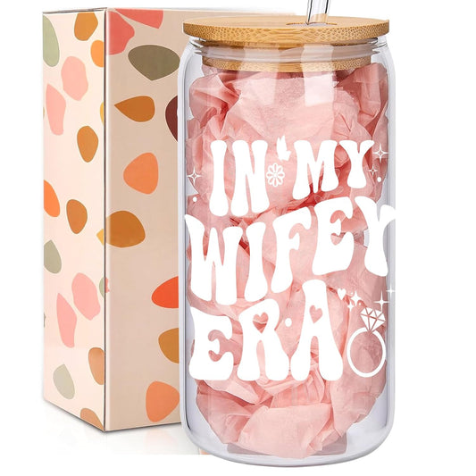 Bridal Shower Gifts Wifey Era Cup – Bridal Shower, Bachelorette,Wedding Gifts for Bride to Be, Engagement Presents for Her, 16 oz Coffee Glass with Lid & Straw