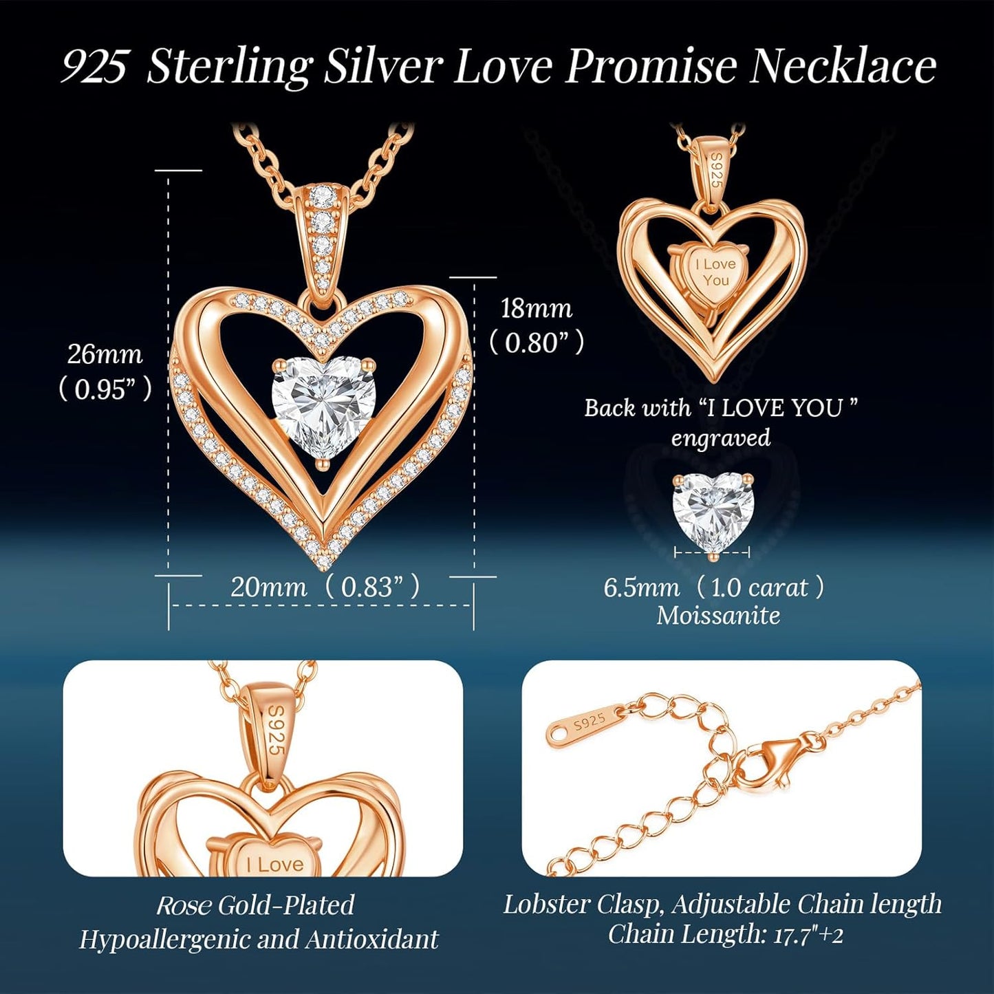 Moissanite Infinity Love Heart Pendant Necklaces for Women, 1-3 Carat 925 Sterling Silver 18K Gold Plated Engraved with"I LOVE YOU', Anniversary Birthday Present Jewelry Christmas Day Gift for Women Wife Girlfriend Her