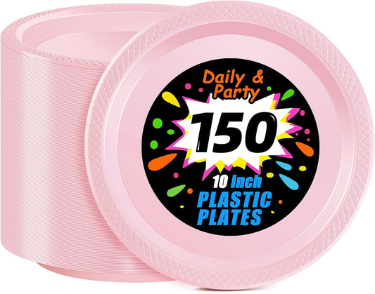 WELLIFE Pink Plastic Plates 10 Inch -150 Count for Party, Disposable Plastic Party Plates for Easter Mother's Day Baby Shower Dinner Dessert Cake Light Pink