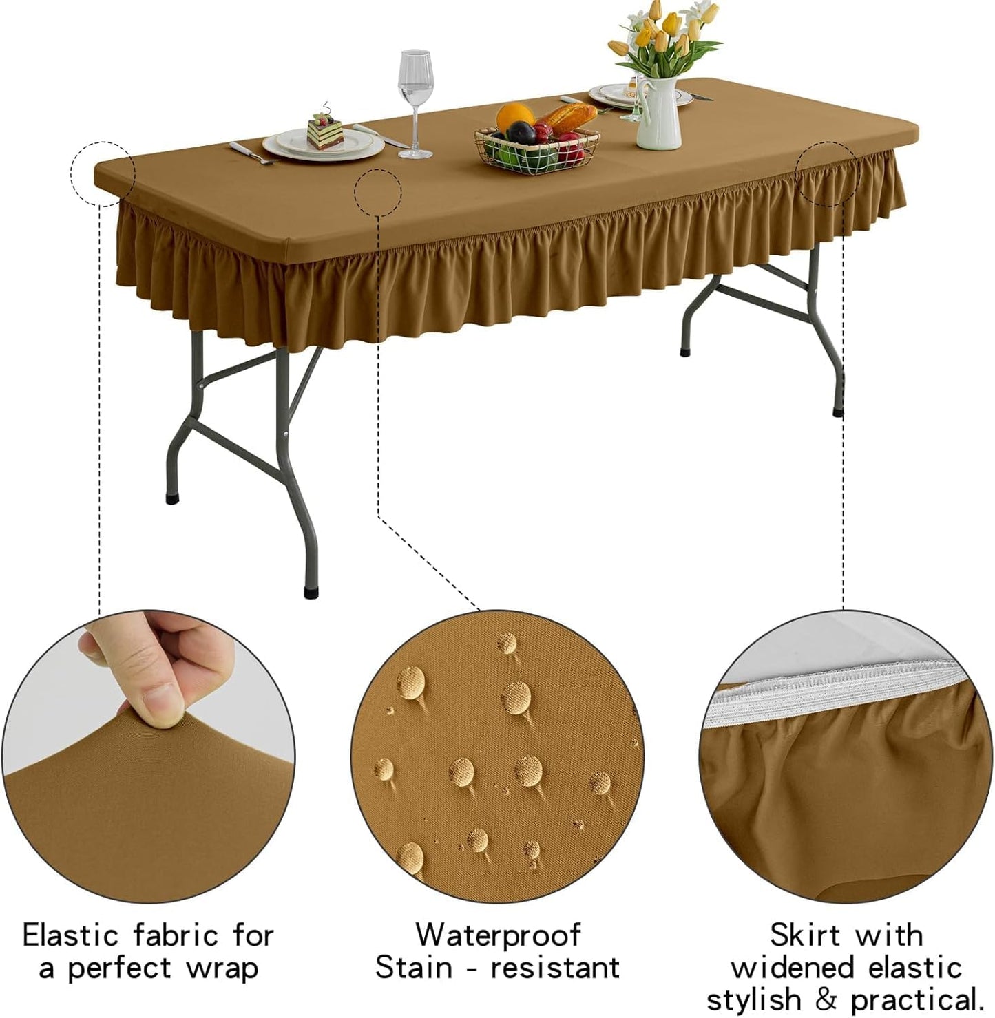 4ft Coffee Stretch Tablecloth for Rectangular Tables - Flared Wrap Design, Waterproof, Wrinkle-Resistant, Washable - Ideal for Weddings, Parties, Banquets & Table Protection