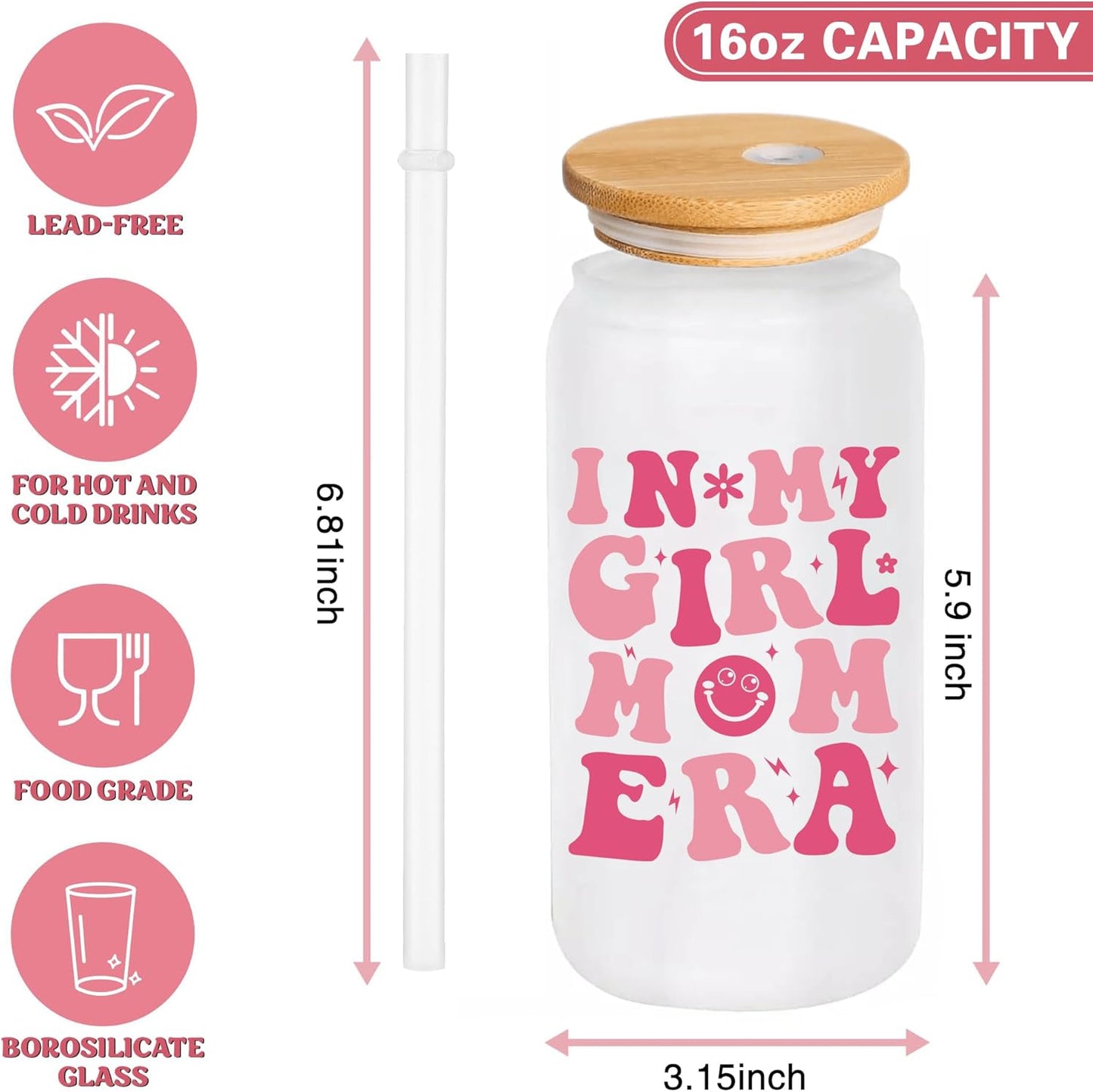 Girl Moms Gifts In My Girl Mom Era 16 oz Iced Coffee Glass with Lid and Straw First Mothers Day Gift for New Moms, Mother, Mama New Mom Gifts