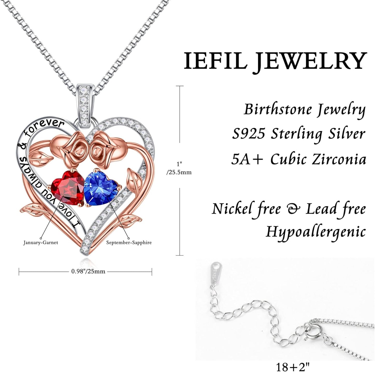 Iefil Rose Heart Double Birthstone Necklace Gifts for Wife Her Mom Women, Birthstone Jewelry Gemstone Birthday Gifts for Girlfriend Grandma Her Wife Women