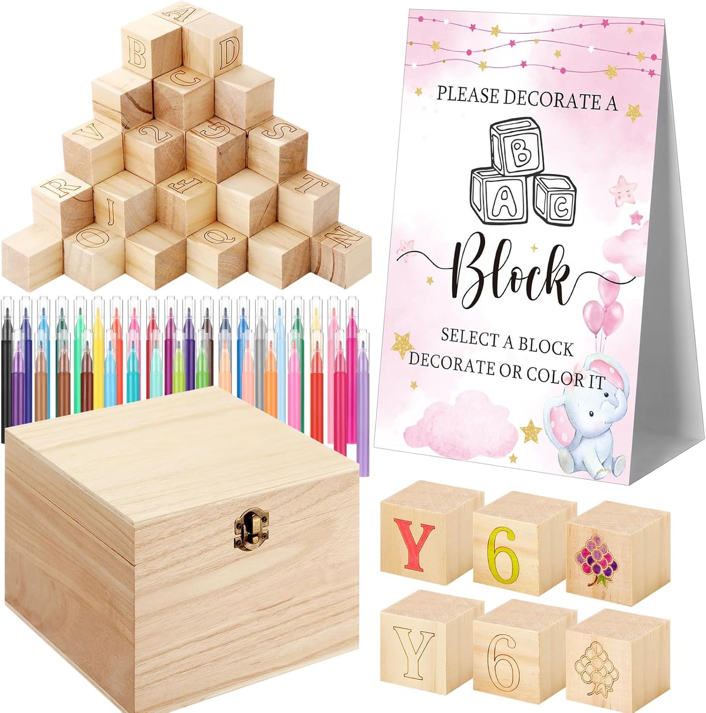 Marsui 136 Pcs Baby Shower Blocks to Decorate Game Kit Includes 98 Wooden Blocks, 36 Markers, 1 Game Sign, 1 Storage Box for Baby Shower Gender Reveal Activity Party Decorations(Pink Elephant)