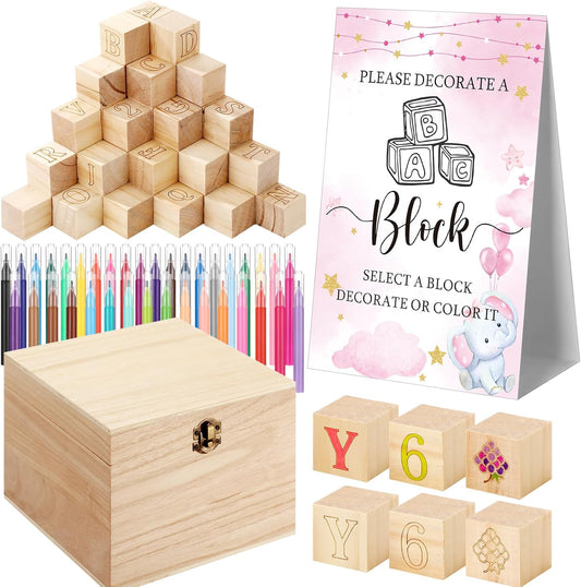 Marsui 136 Pcs Baby Shower Blocks to Decorate Game Kit Includes 98 Wooden Blocks, 36 Markers, 1 Game Sign, 1 Storage Box for Baby Shower Gender Reveal Activity Party Decorations(Pink Elephant)