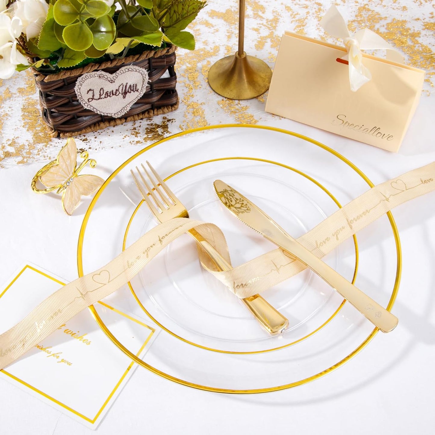 LIYH 120 Pcs Clear Gold Plastic Plates for Party, Crystal Gold Plastic Party Plates, Elegant Disposable Plate Set Included Dinner & Dessert Plate for Wedding Birthday 60 Guests