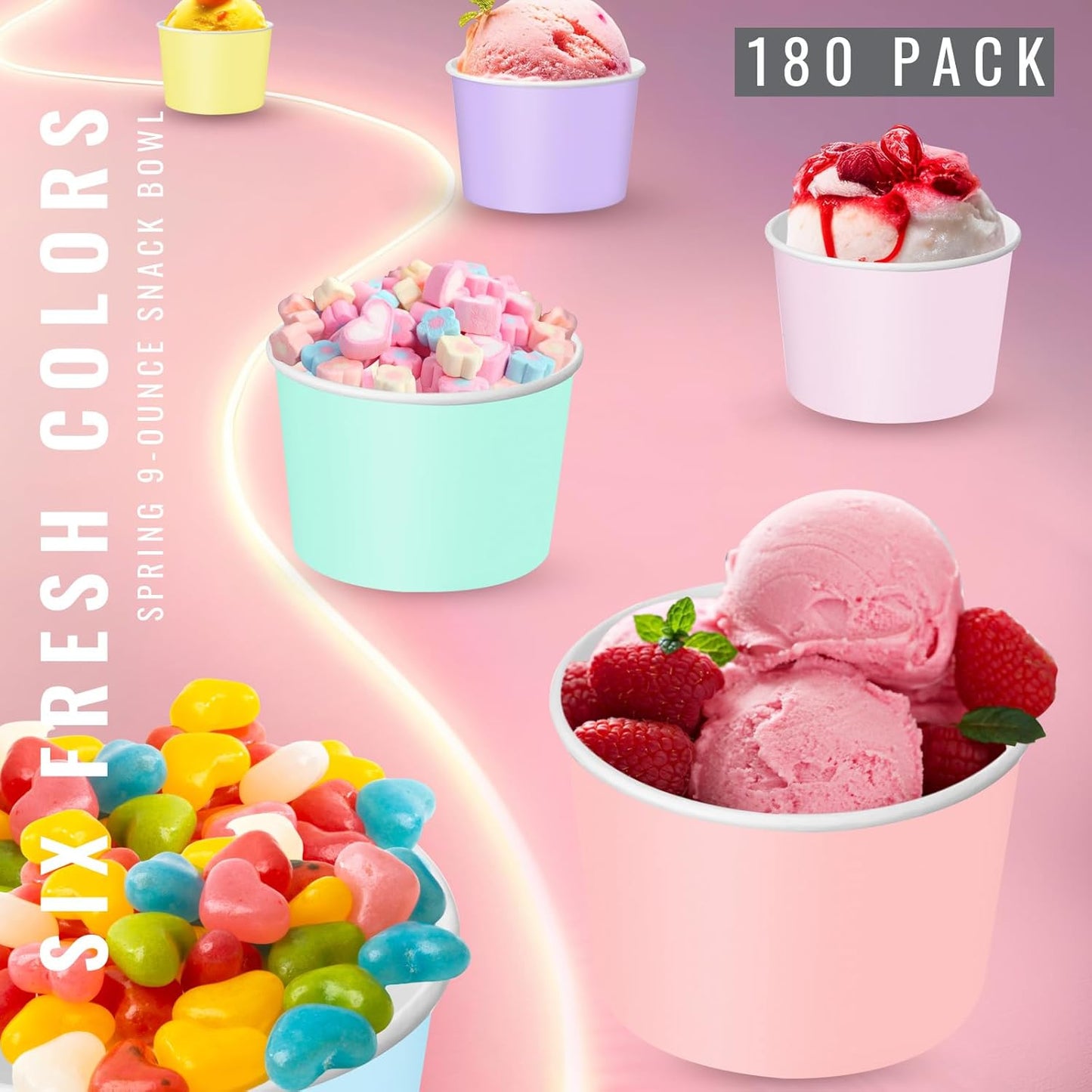 Paper Ice Cream Cups 9oz Colored Disposable Dessert Bowls for Hot or Cold Food Party Cups for Birthday Baby Shower Easter Party Supplies(Pastel Color,180 Pcs)