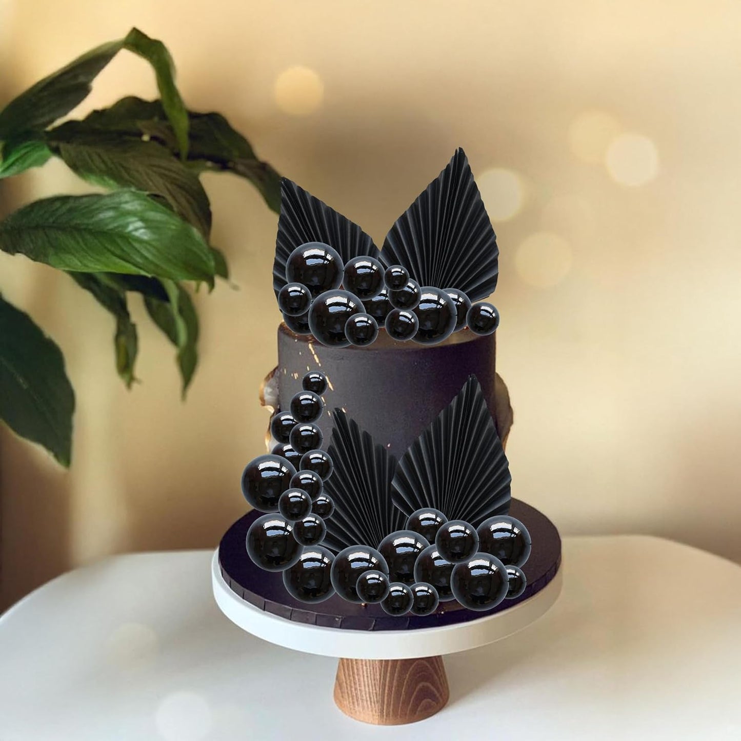 Ephlyn 28Pcs Paper Palm Fan Cake Topper Balls Cake Pick for Baby Shower Wedding Bridal Shower Birthday Party DIY Cake Decorations Supplies Black