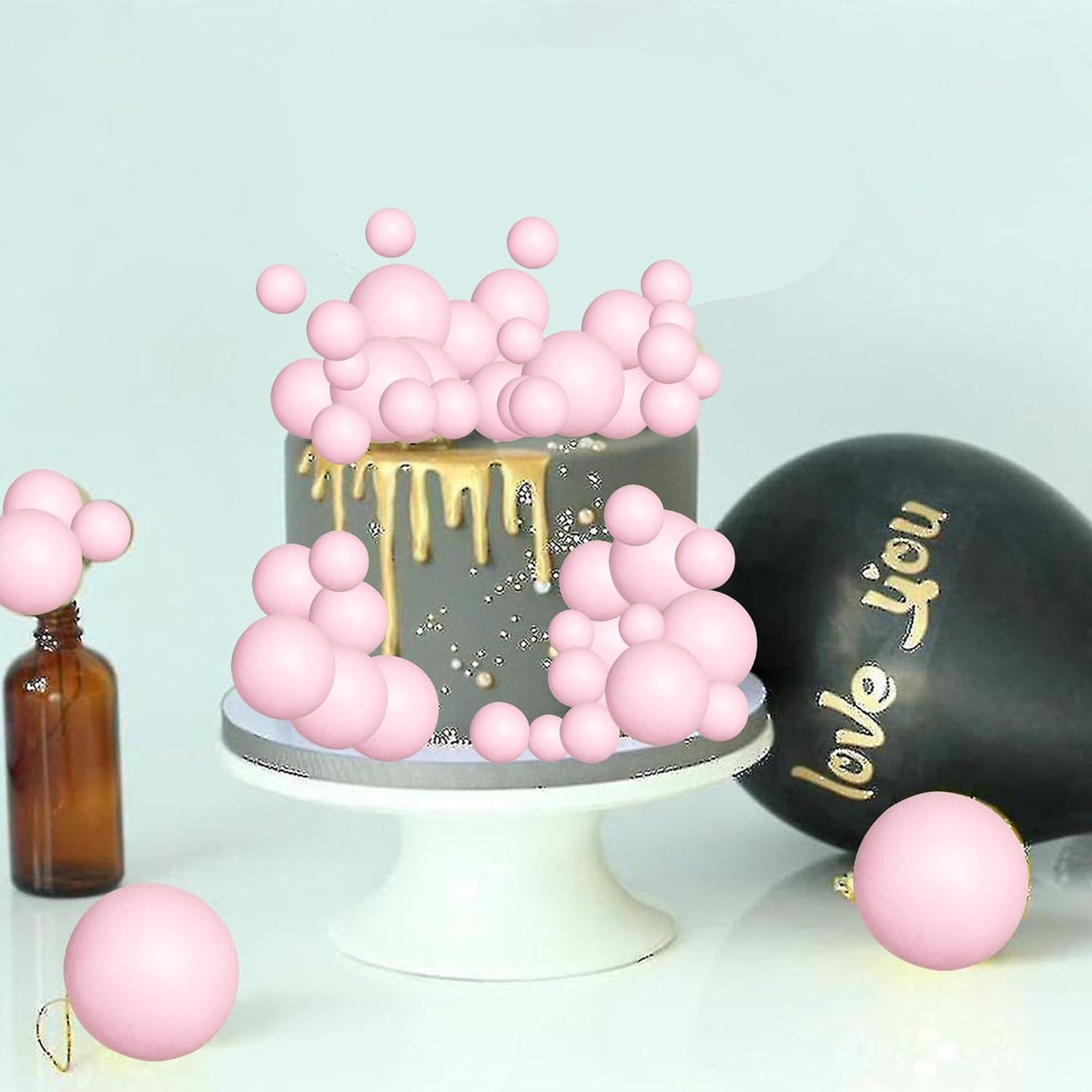 Ephlyn 28Pcs Paper Palm Fan Cake Topper Balls Cake Pick for Baby Shower Wedding Bridal Shower Birthday Party Cake Decorations Supplies Pink