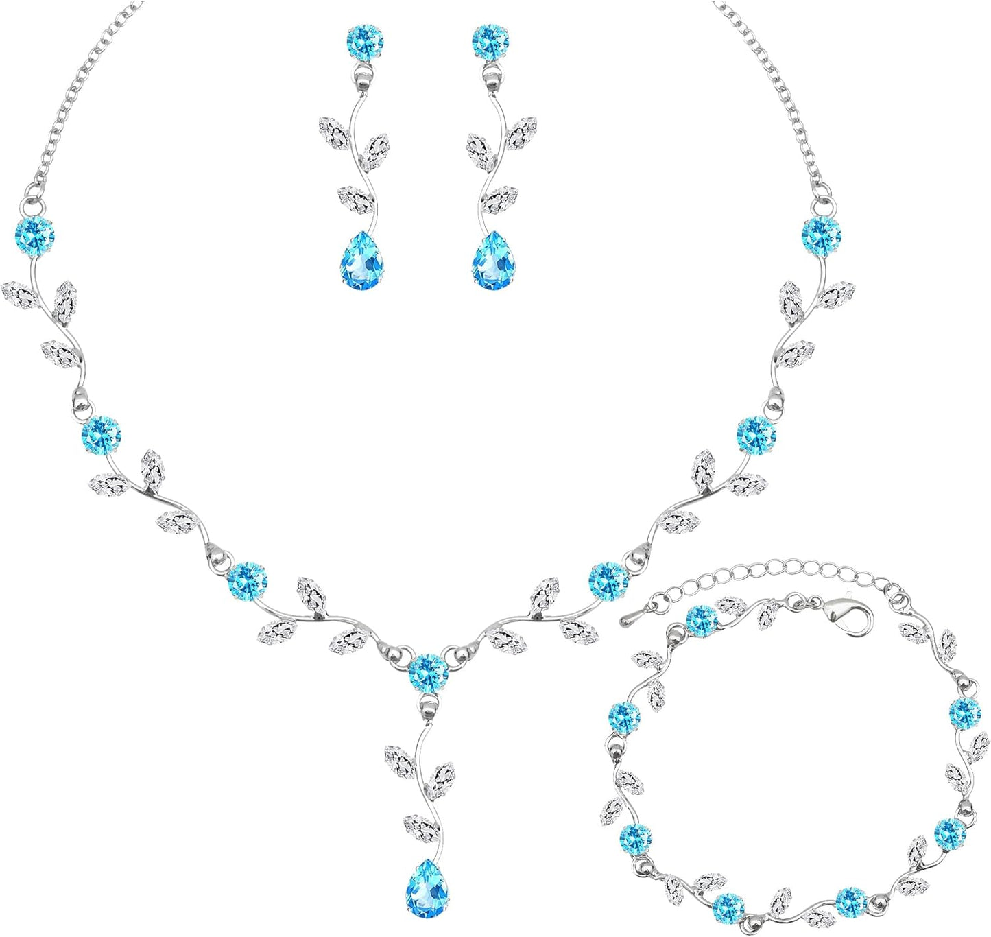 Elegant Bridal Jewelry Sets for Wedding Bride Leaf Shape Cubic Zirconia Necklace Earrings Bracelet Set Prom Costume Accessories