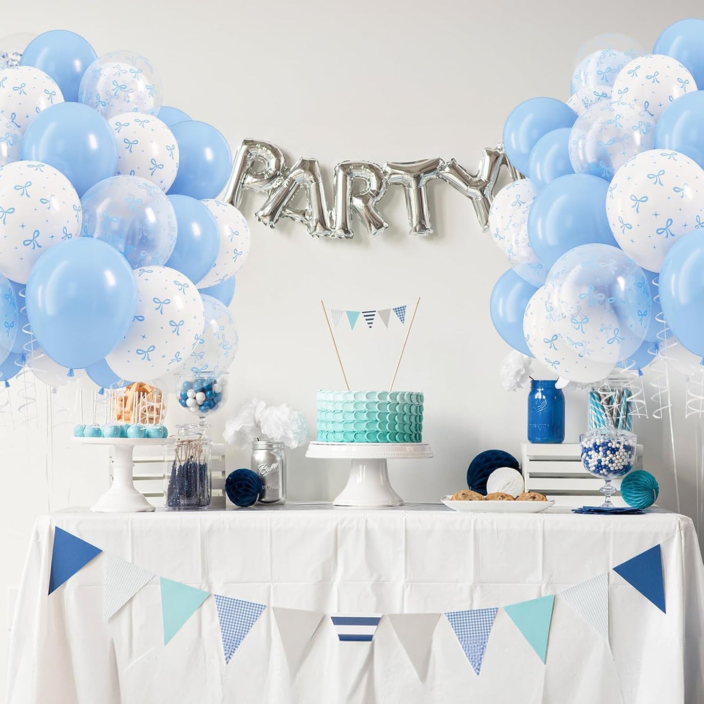 Blue Bow Balloons, 12 Inch Pastel Light Blue Transparent White Bow Print Coquette Balloon for Girls Birthday Bachelorette Party Bridal Baby Shower Wedding Anniversary Decorations Supplies