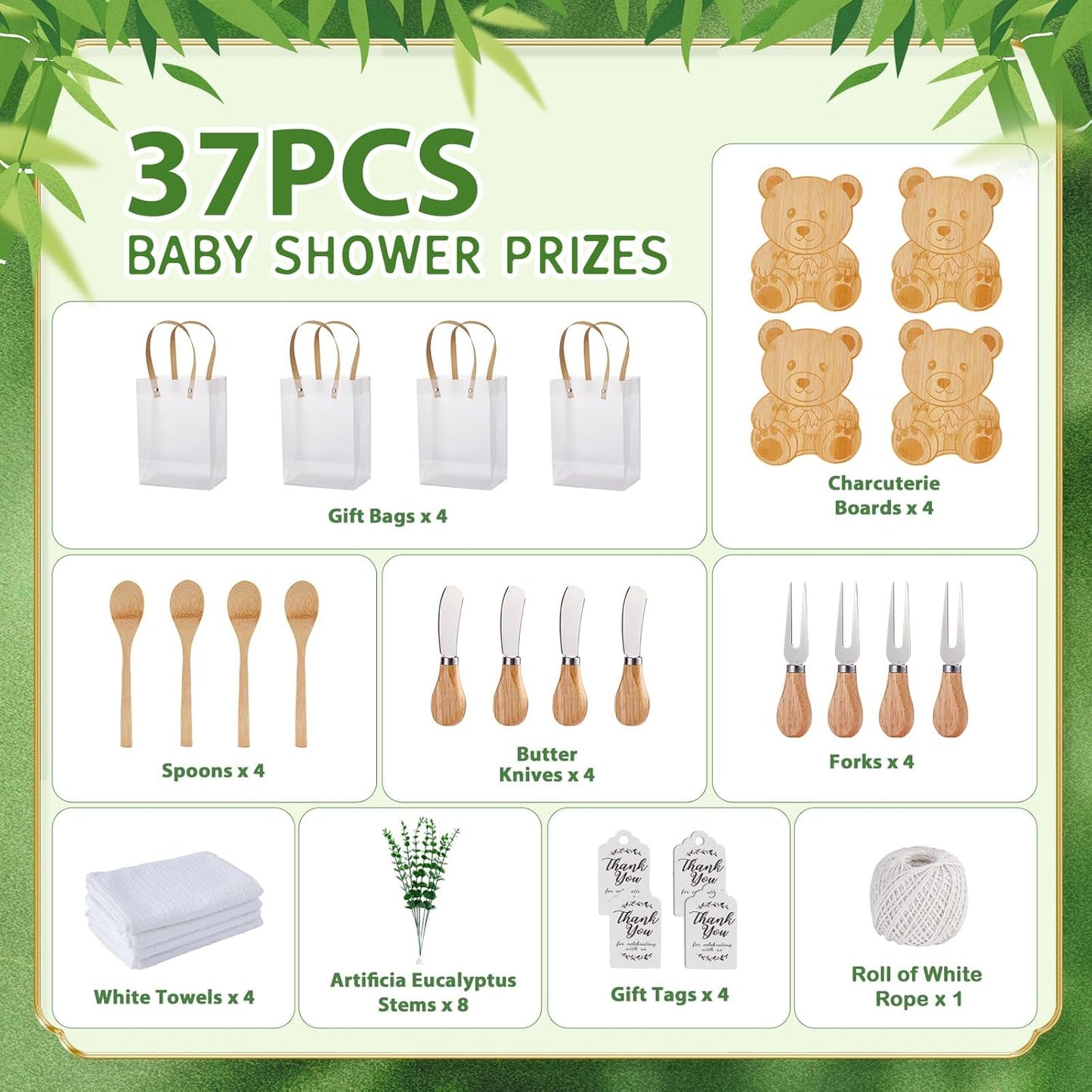 Baby Shower Prizes for Game Winners Bear Shaped Cheese Board Gift with Spoons Butter Spreaders Gift Bags Kitchen Towels Bridal Shower Party Favors for Guests (Bear Shaped, 4 Sets)