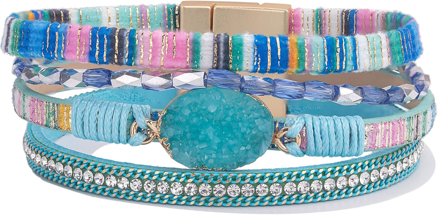 FANCY SHINY Leather Wrap Bracelet Boho Cuff Bangle Bracelets Crystal Bead Bracelet with Magnetic Clasp Jewelry Gifts for Women