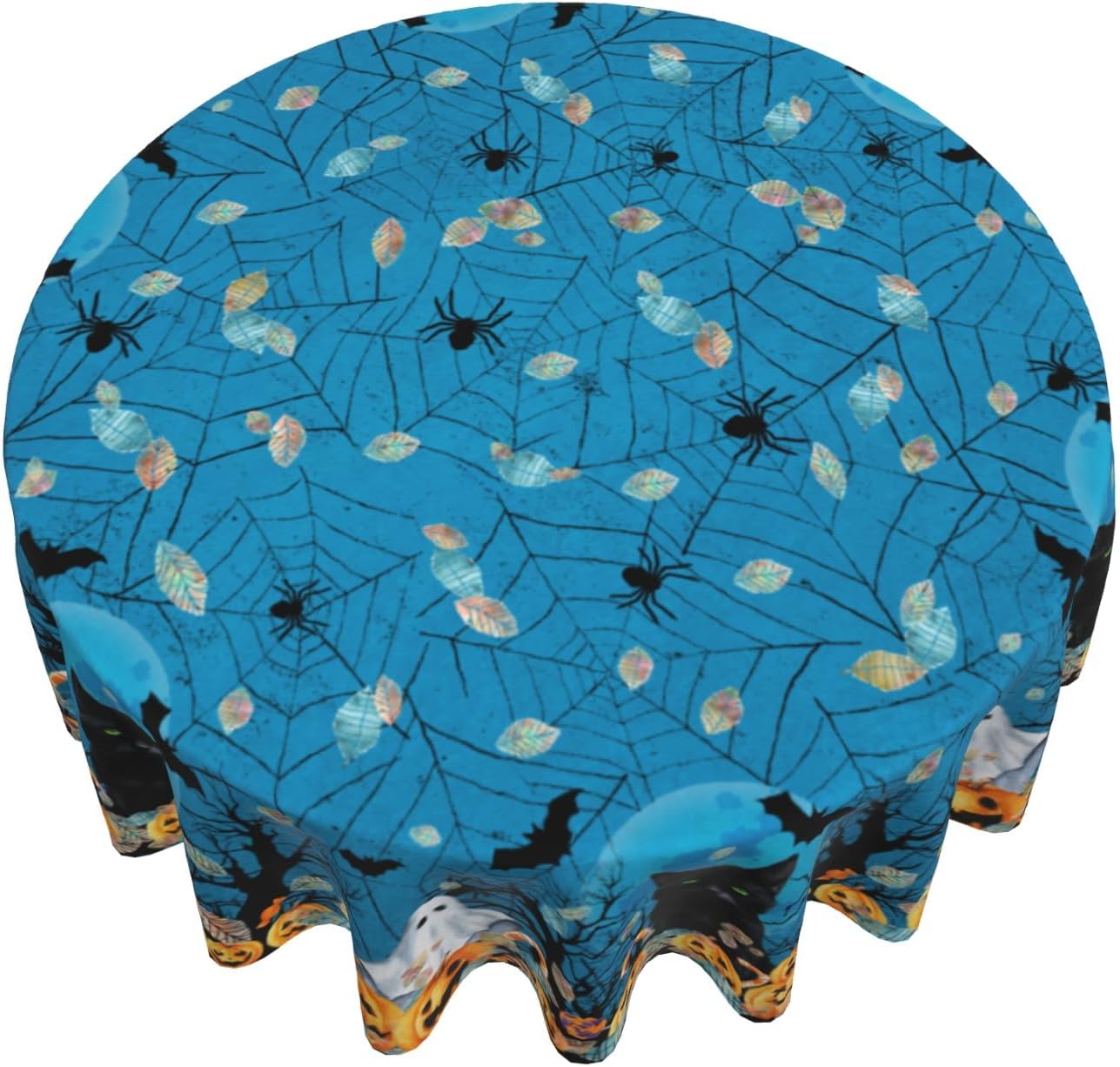 Giwawa Halloween Round Tablecloth, Blue Spooky Ghost Pumpkins Black Cats Bats Spider Web Table Cloth 60Inch for Kitchen Dining, Wipeable Fabric Non-Slip Table Cover for Holiday Picnic Camping Decor