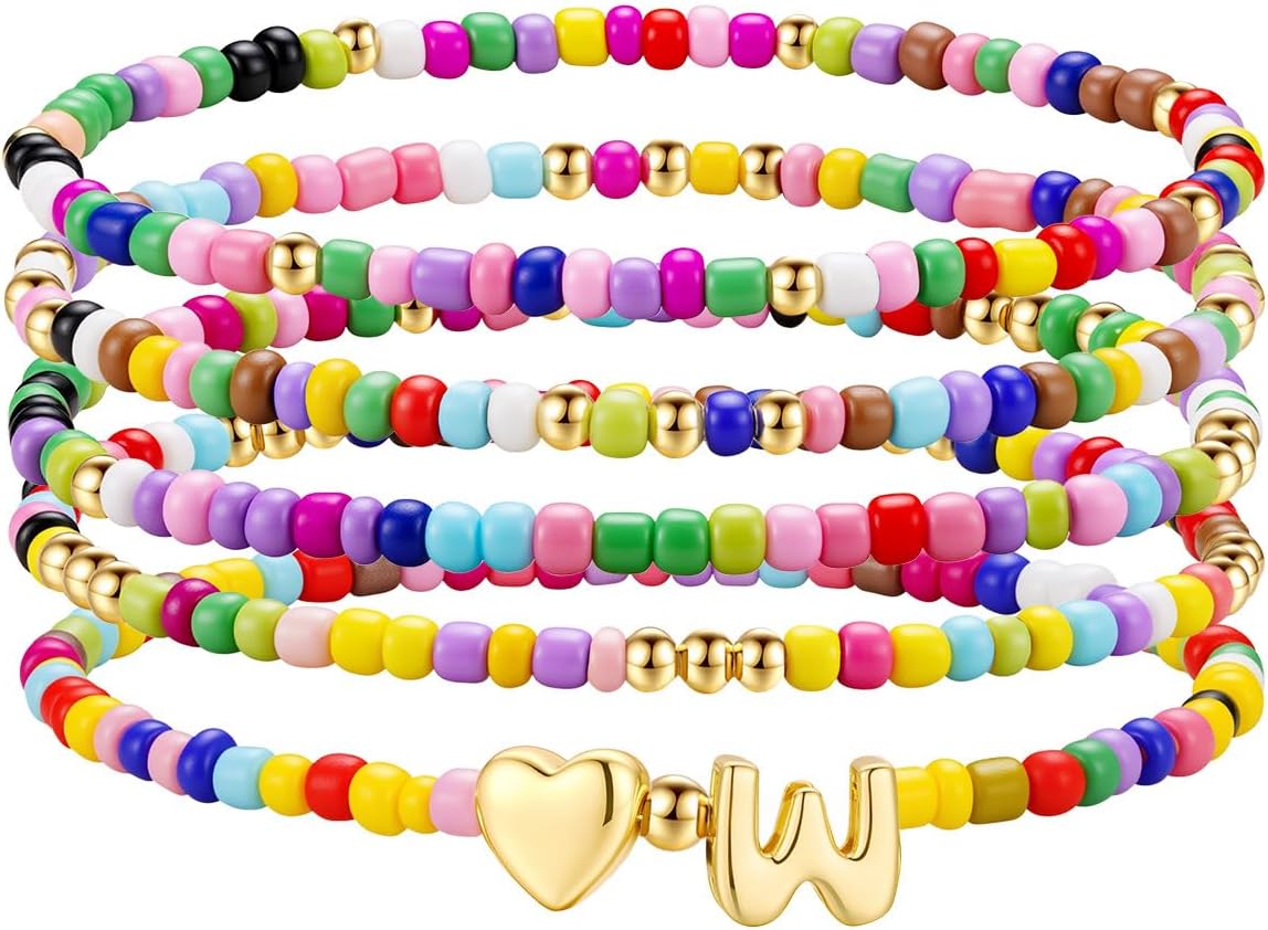 M MOOHAM Stocking Stuffers for Kids Girls Teen - 5PCS Colorful Beaded Initial Bracelets for Women Girls, Cute Stretch Heart Letter Bohemian Stackable Bracelet Birthday Gifts Jewelry for Kids Teen Girl