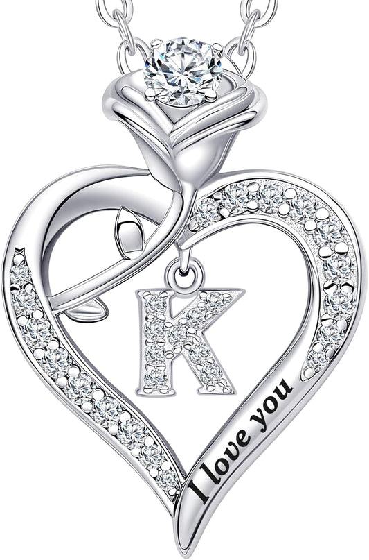 Rose Heart Pendant Necklace Gifts for Wife, Engraved 'I love you' Gift for Wife Girlfriend, Anniversary Birthday Eternity Jewelry Present for Women, Moissanite Necklace Gift for Her