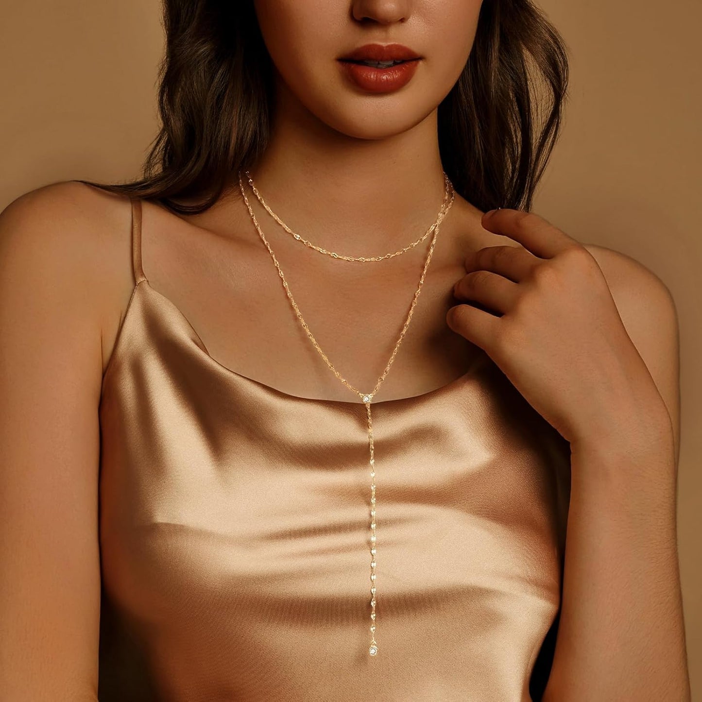 Luxval Lariat Gold Necklace for Women, Dainty Long Necklace 14k Gold Plated/Silver Y-Shaped Pendant Necklaces Trendy Beaded Chain Drop Necklaces Jewelry for Women Gifts