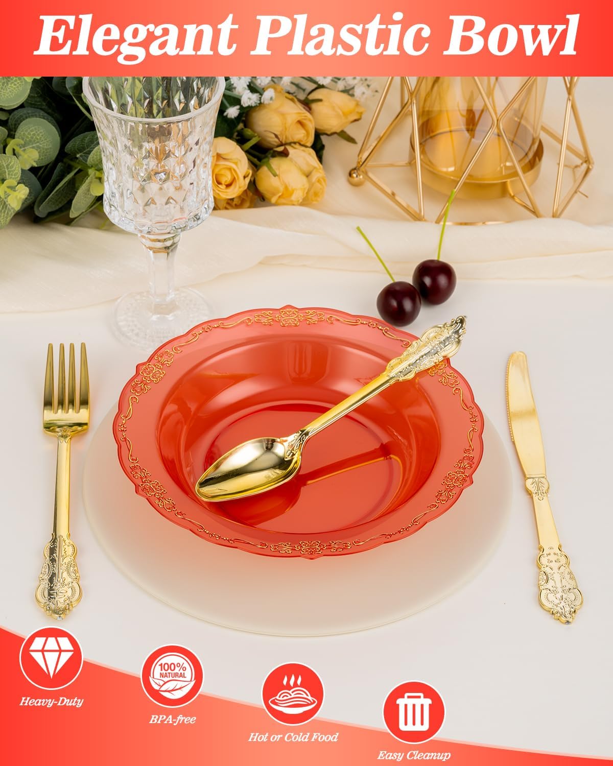 100 Pack Clear Red Plastic Bowls with Gold Rim, 12oz Plastic Salad Bowl, Disposable Bowls for Party, Dinners, Weddings, Christmas, Thanksgiving