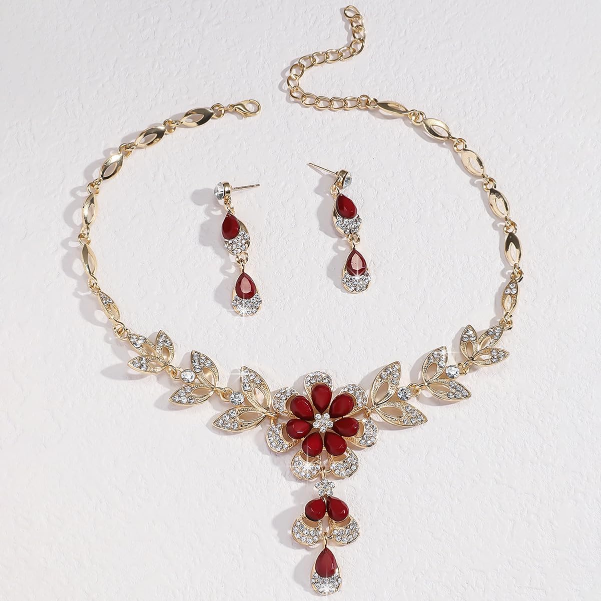 Wedding Jewelry Sets for Brides Rhinestone Necklace and Earring Set Bracelet Ring Gold Silver Prom Jewelry Sets Diamond Flower Teardrop Necklace for Women