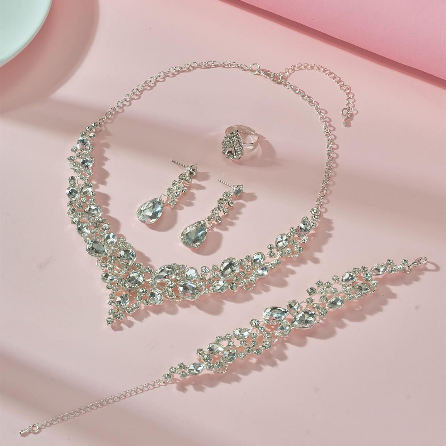 Crystal Bridal Wedding Jewelry Sets for Women Rhinestone Teardrop Crystal Statement Choker Necklace Drop Earrings Link Bracelets Rings Teardrop Jewelry Set for Brides Bridesmaids