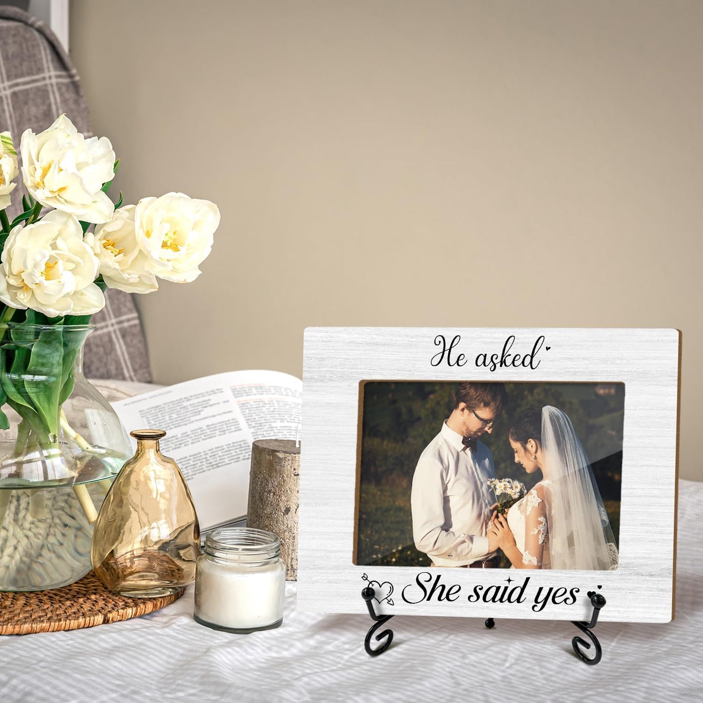 Engagement Picture Frame, He Asked She Said Yes, Wedding Engagement Gifts For Couple Newlyweds Bride Groom, 4x6 Wooden Picture Frame Tabletop Display Home Decor -07