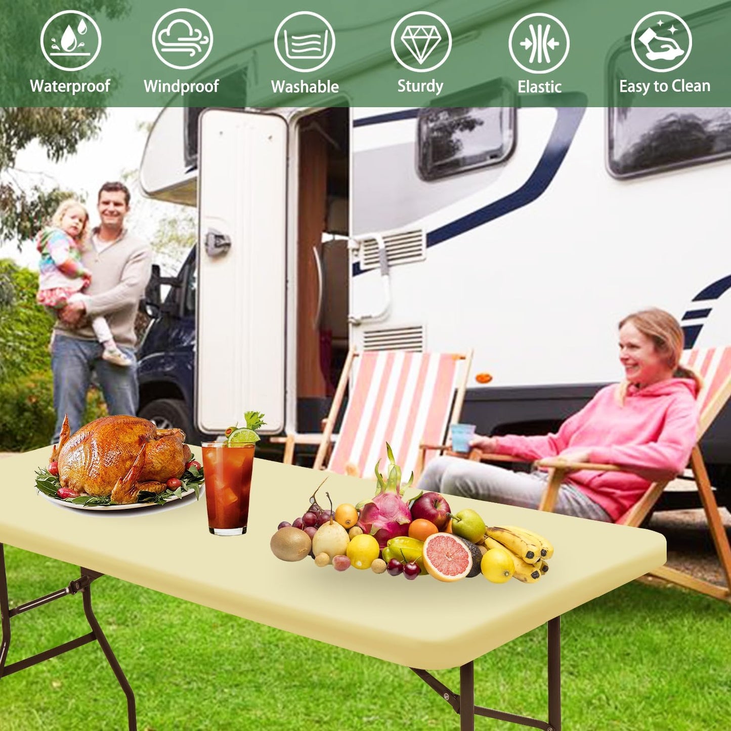 6 Pack Picnic Table Cover Fitted Elastic Outdoor Tablecloths for 6 Foot Rectangle Tables Waterproof Stretch Washable Patio Folding Spandex Table Cloth for Camping Banquet Parties (Champagne,30" x 72")