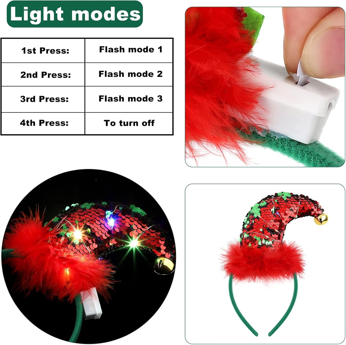 Aneco 3 Pieces Christmas Headbands Christmas Head Boppers with LED Lights Reindeer Antler Santa Elves Headbands, Assorted Styles for Xmas Party, Holiday Favors